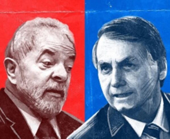 Arte mostra desenhos dos candidatos à presidência Lula e Bolsonaro sob as cores, respectivamente, vermelho e azul - Metrópoles