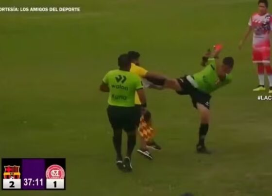 Imagem de árbitro acertando chute -Metrópoles